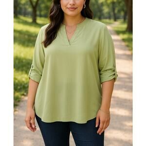 CATO Light Sage Green Solid V-Neck Top – Plus Size 18/20W or 2X